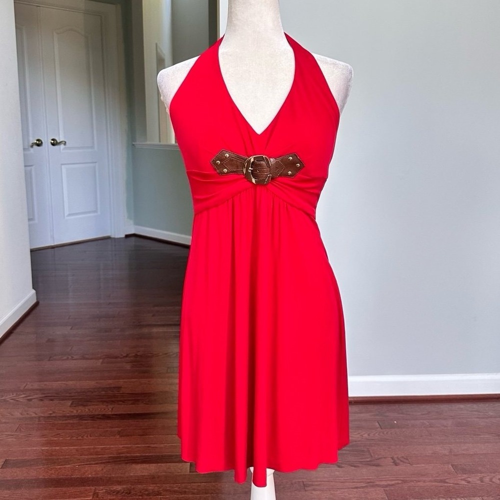 Vintage Cache Red Brown Silver Halter Neck Plunge Sexy Cocktail Dress Large